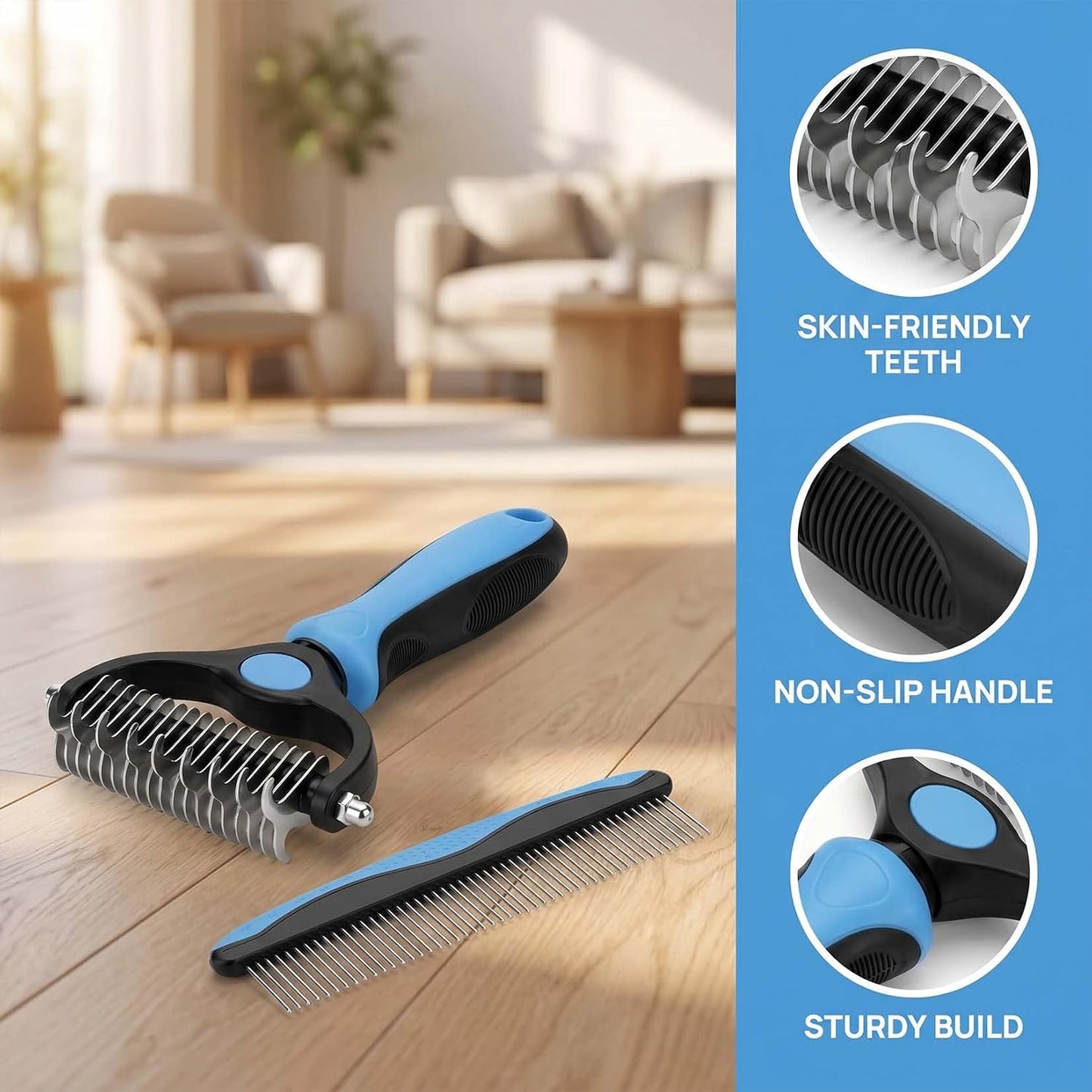 Pet grooming tool demonstrating dual sided rake functionality