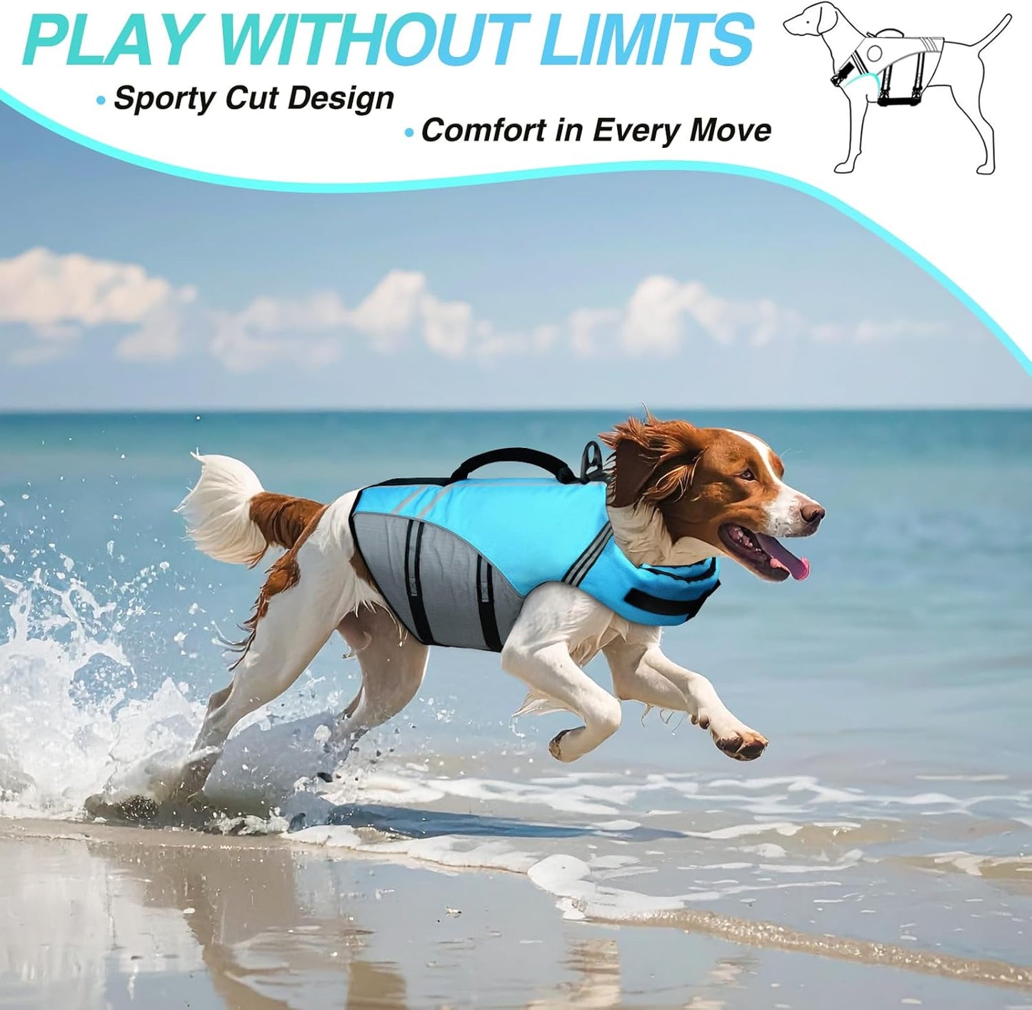 Vivaglory dog flotation vest lake blue with rescue handle side view