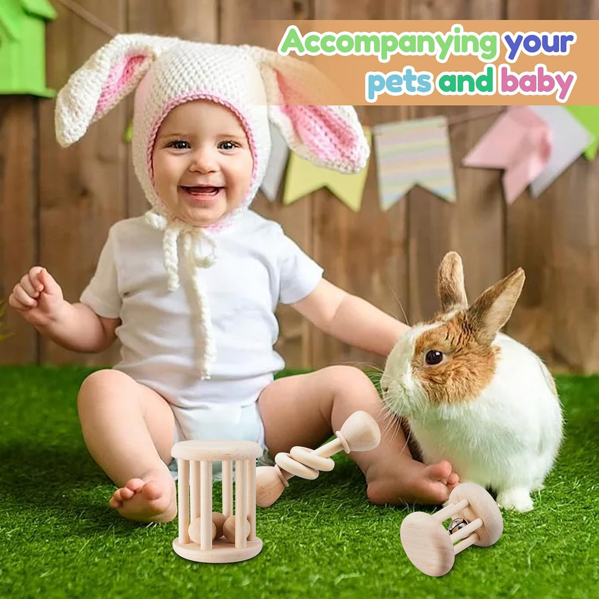 Three piece pet chewing accessories kit displaying clean wood craftsmanship and internal bell placement