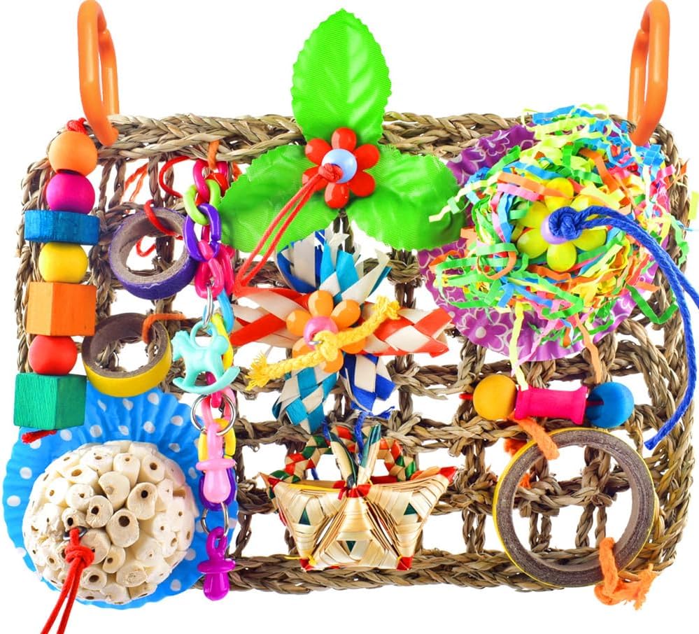 KATUMO Bird Toys, Bird Foraging Wall Toy, Edible Seagrass Woven Climbing Hammock Mat with Colorful Chewing Toys, Suitable for Lovebirds, Finch, Parakeets, Budgerigars, Conure, Cockatiel - Image 9
