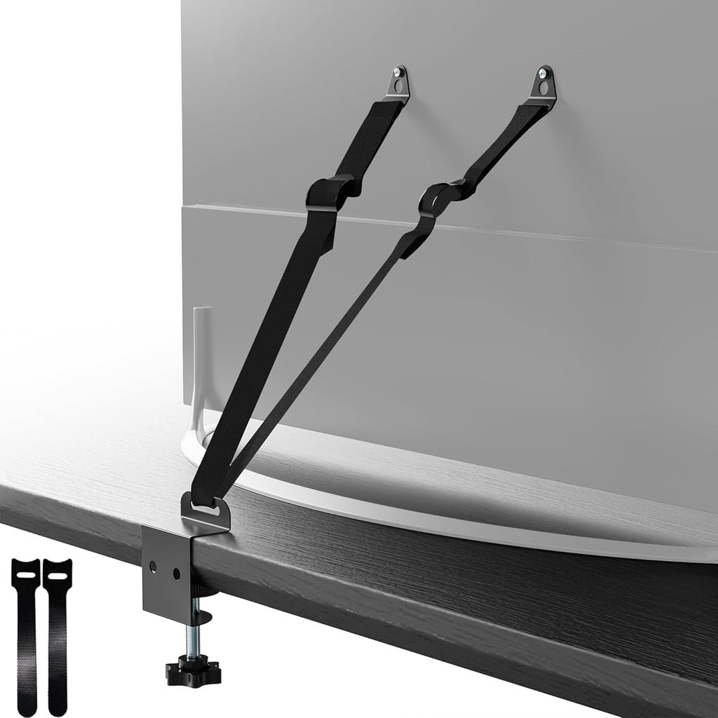 SPNKMJUJ No Drill TV Safety Straps front view showcasing adjustable stainless steel anti-tip cables for baby proofing home safety.