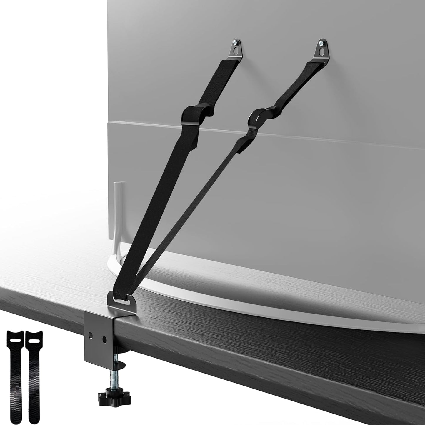 SPNKMJUJ No Drill TV Safety Straps front view showcasing adjustable stainless steel anti-tip cables for baby proofing home safety.