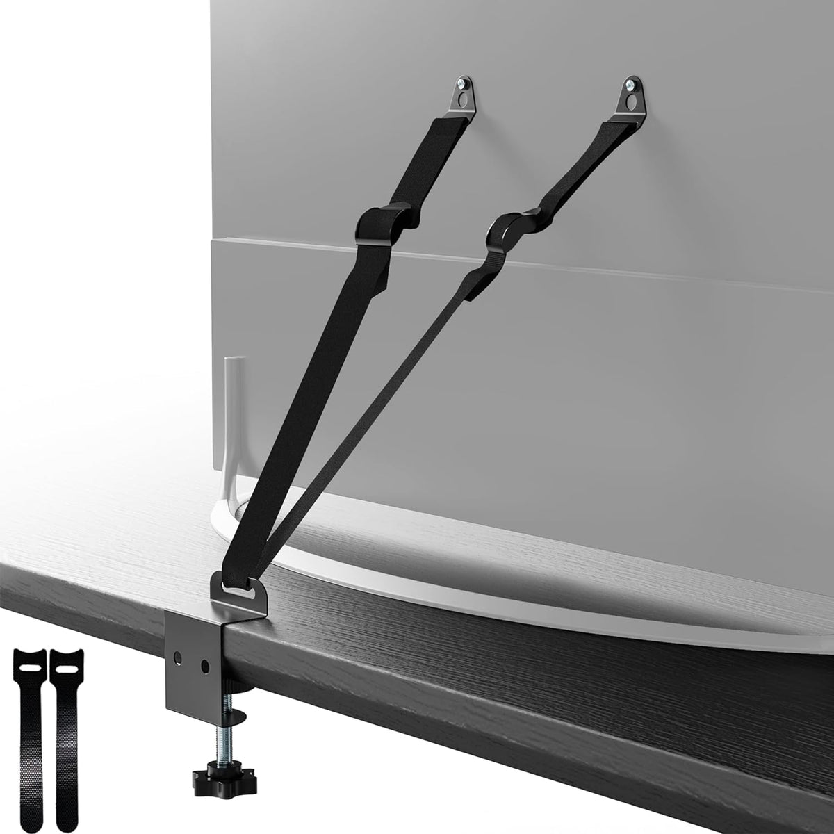 SPNKMJUJ No Drill TV Safety Straps front view showcasing adjustable stainless steel anti-tip cables for baby proofing home safety.