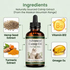 Premium organic catnip oil ingredients panel showing turmeric and omega-3