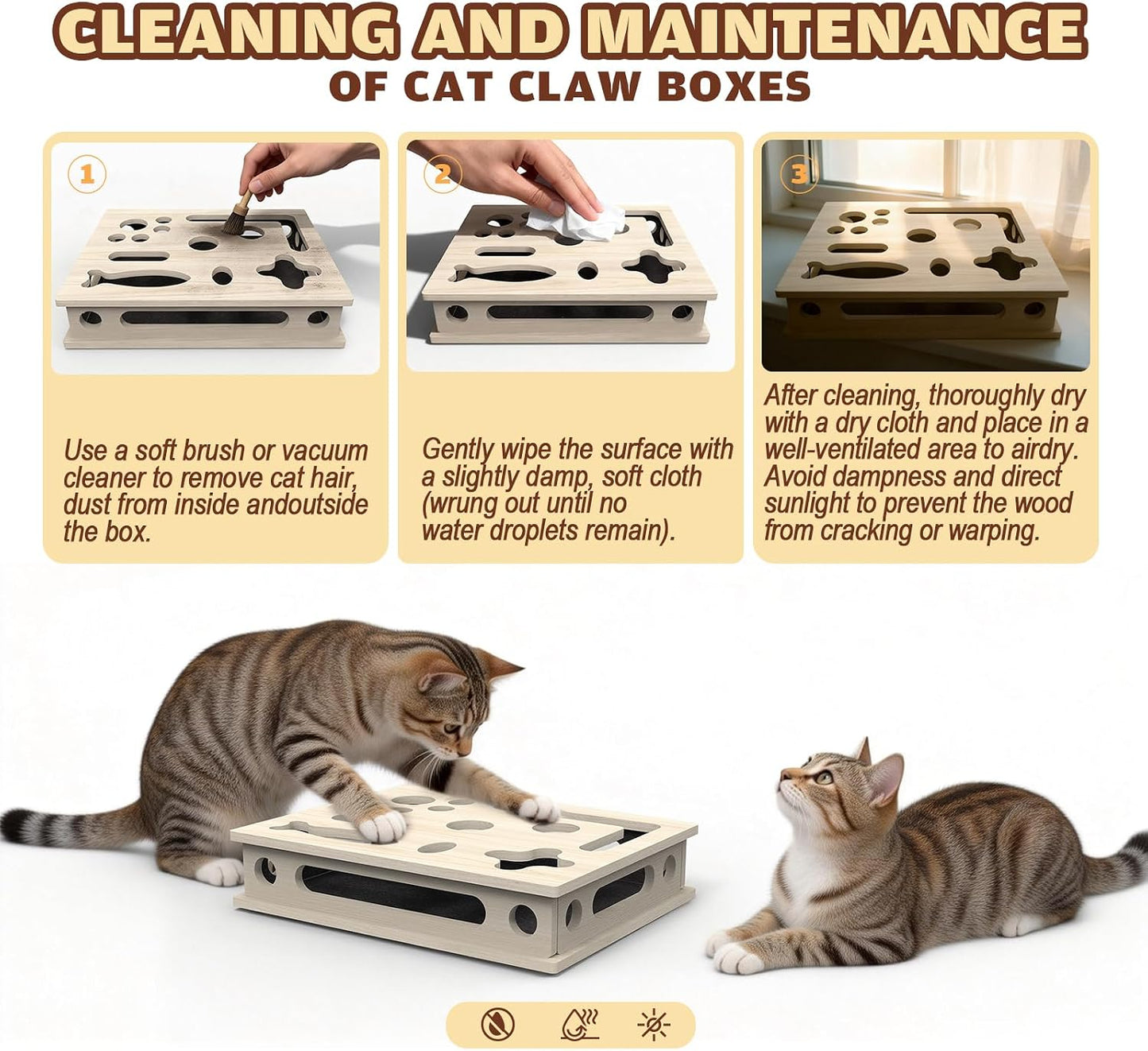 Durable solid wood cat toy without bell balls for noise sensitive pets