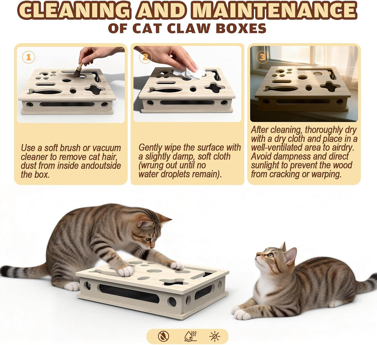 Durable solid wood cat toy without bell balls for noise sensitive pets