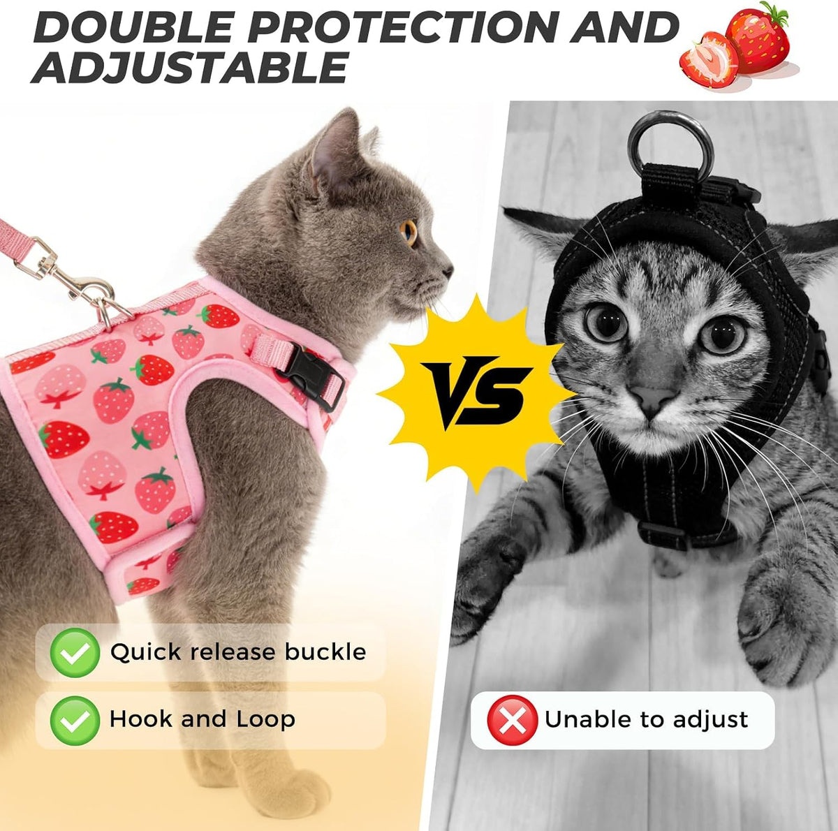 Bingpet adjustable cat walking harness showing the secure double metal D rings