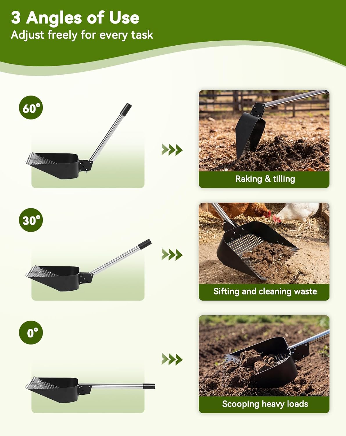 PawGiant chicken coop cleaning tool showing 3-way adjustable head at multiple angles for versatile scraping
