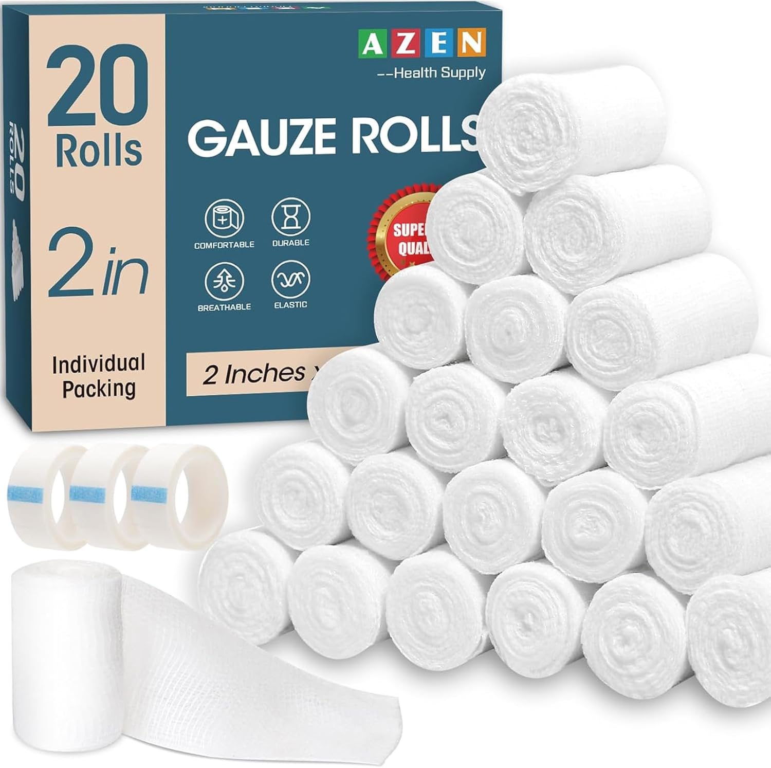AZEN 20 Pack Gauze Rolls Bandages front view pack for first aid supplies.