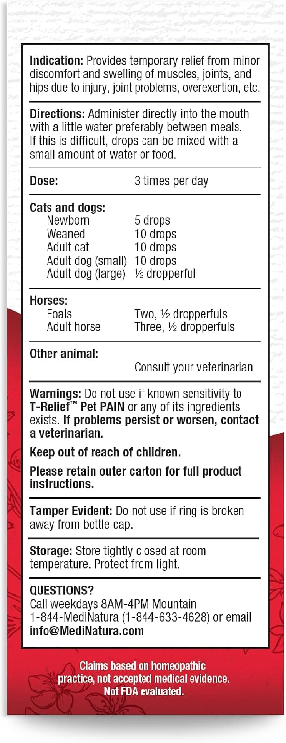 T-Relief Pet Pain Relief 1.69 fluid ounce bottle side view ingredients list