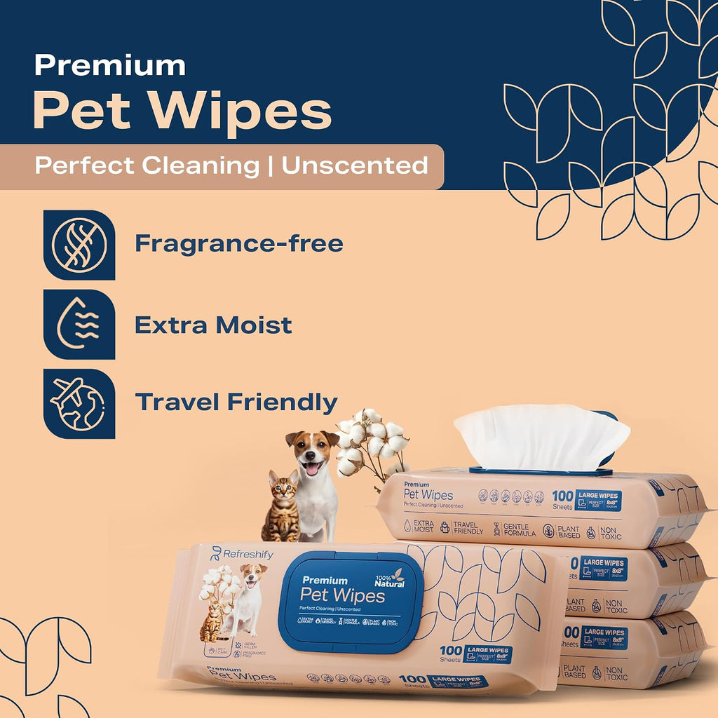 Four hundred count pack of non toxic dog wipes for paws and butt cleaning.