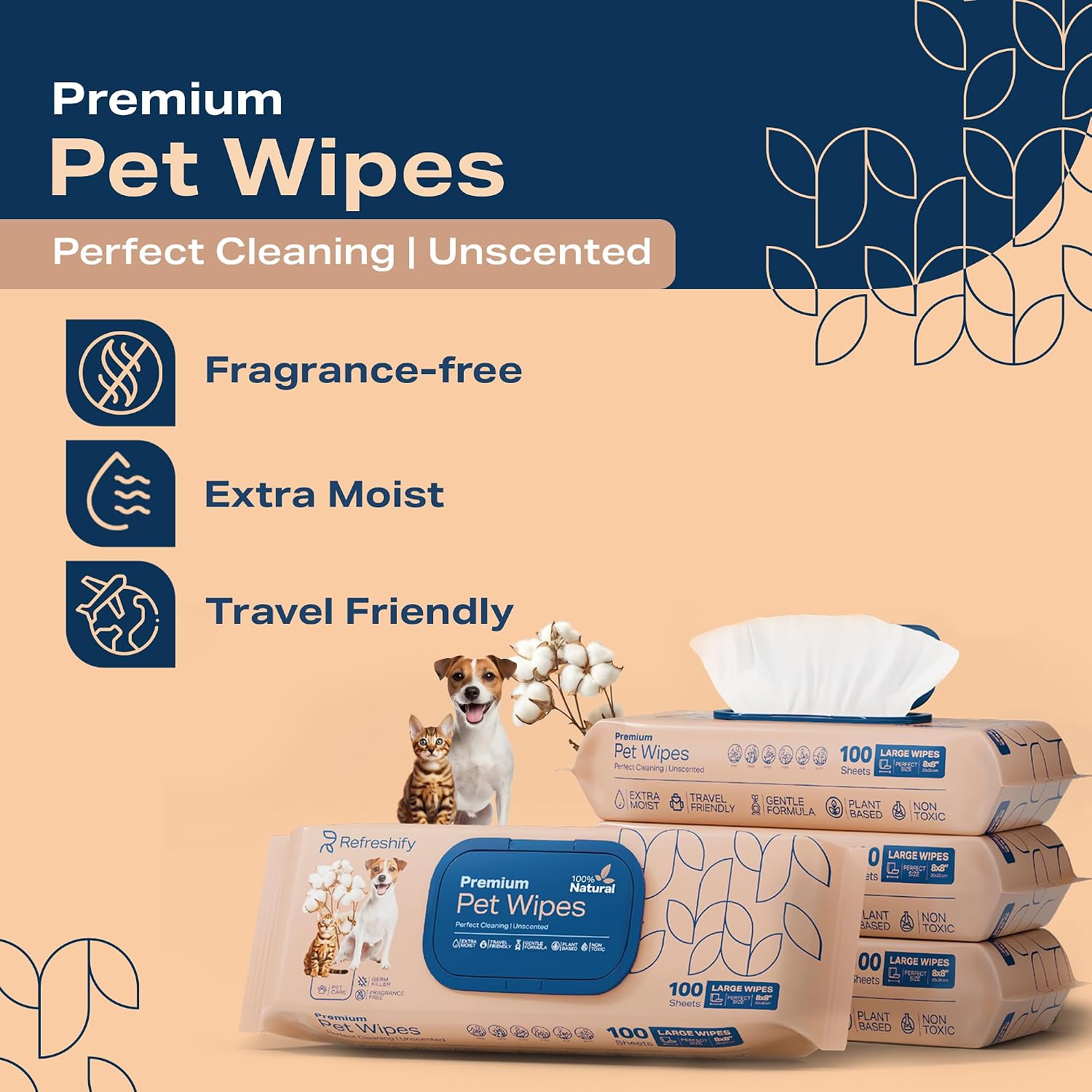 Four hundred count pack of non toxic dog wipes for paws and butt cleaning.