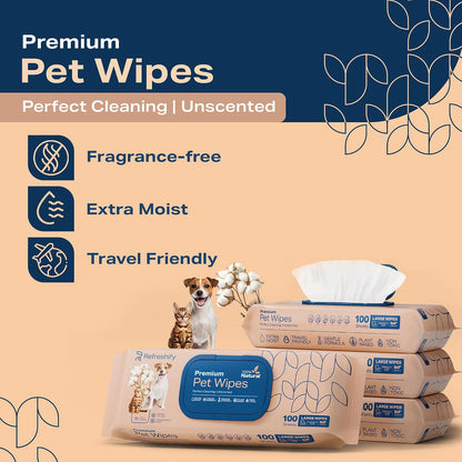 Four hundred count pack of non toxic dog wipes for paws and butt cleaning.
