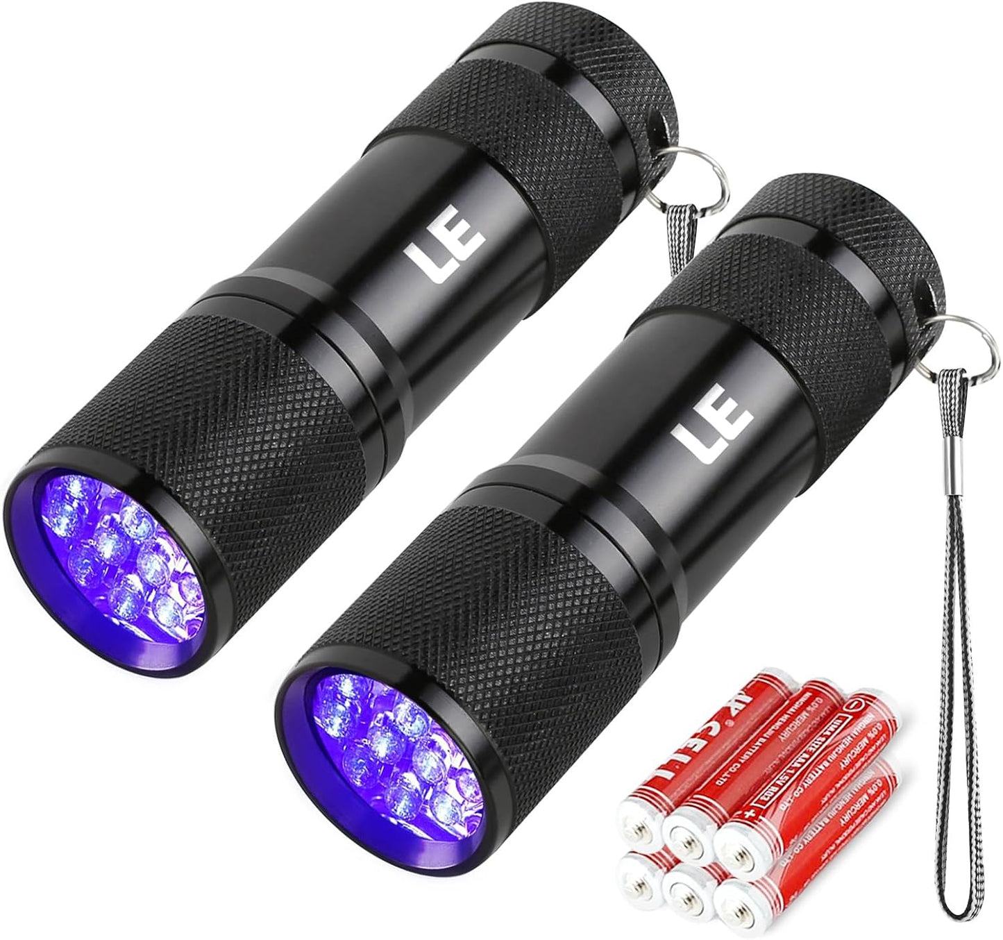 Lighting EVER waterproof blacklight flashlight close up view of the 9 LED bulbs.