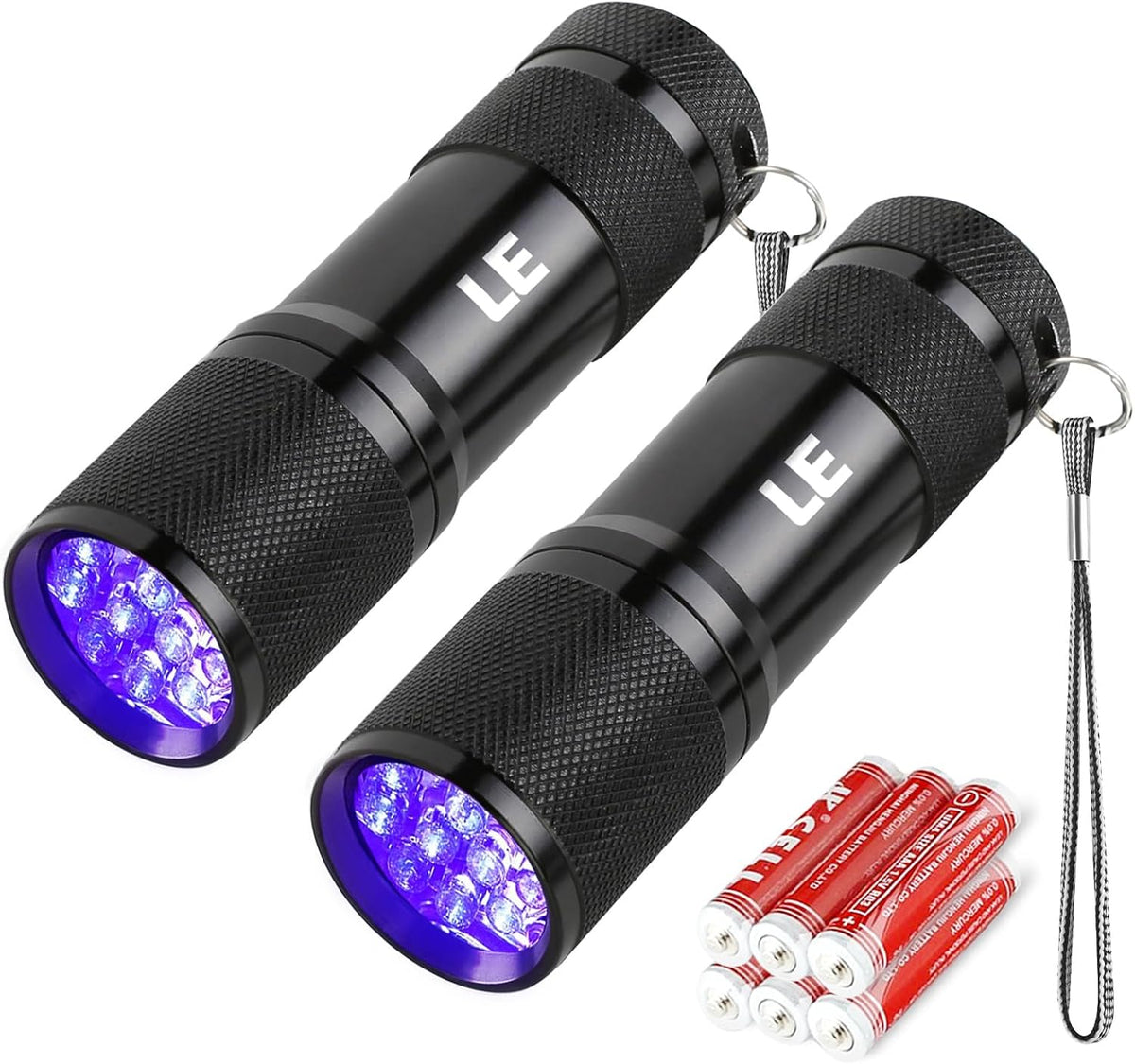 Lighting EVER waterproof blacklight flashlight close up view of the 9 LED bulbs.