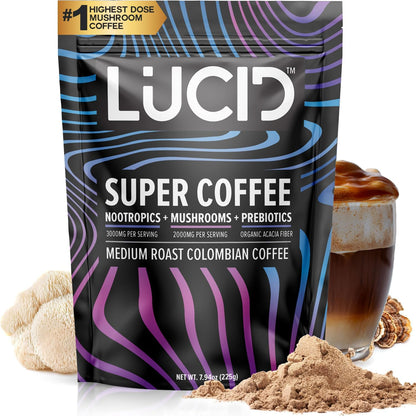 Lucid Superfood Organic Mushroom Coffee front packaging view for brain health focus