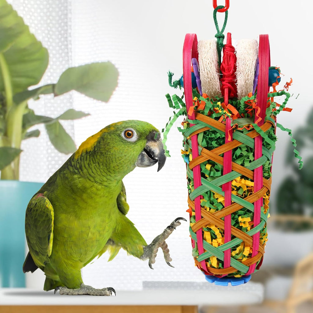 Parrot chewing toy showing C-clip hanging mechanism