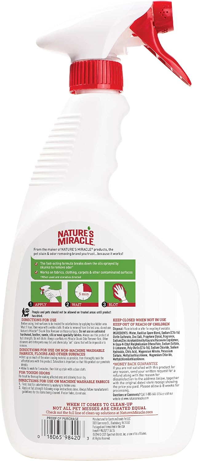 Nature's Miracle bio enzymatic citrus spray for neutralizing tough skunk oils.