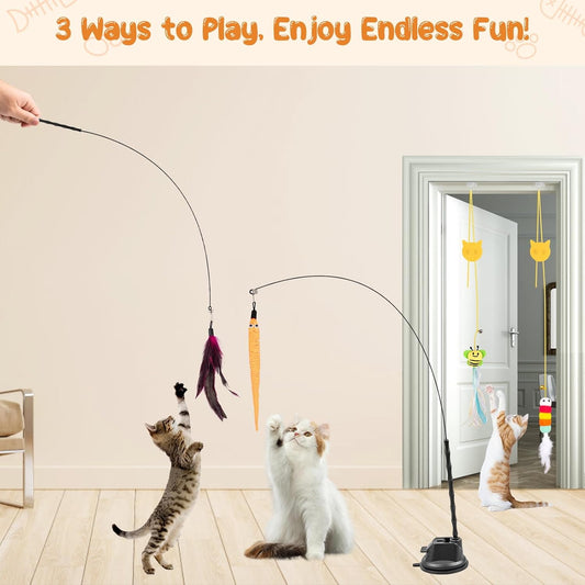 Cat swatting at a natural feather attachment connected to the suction cup mount