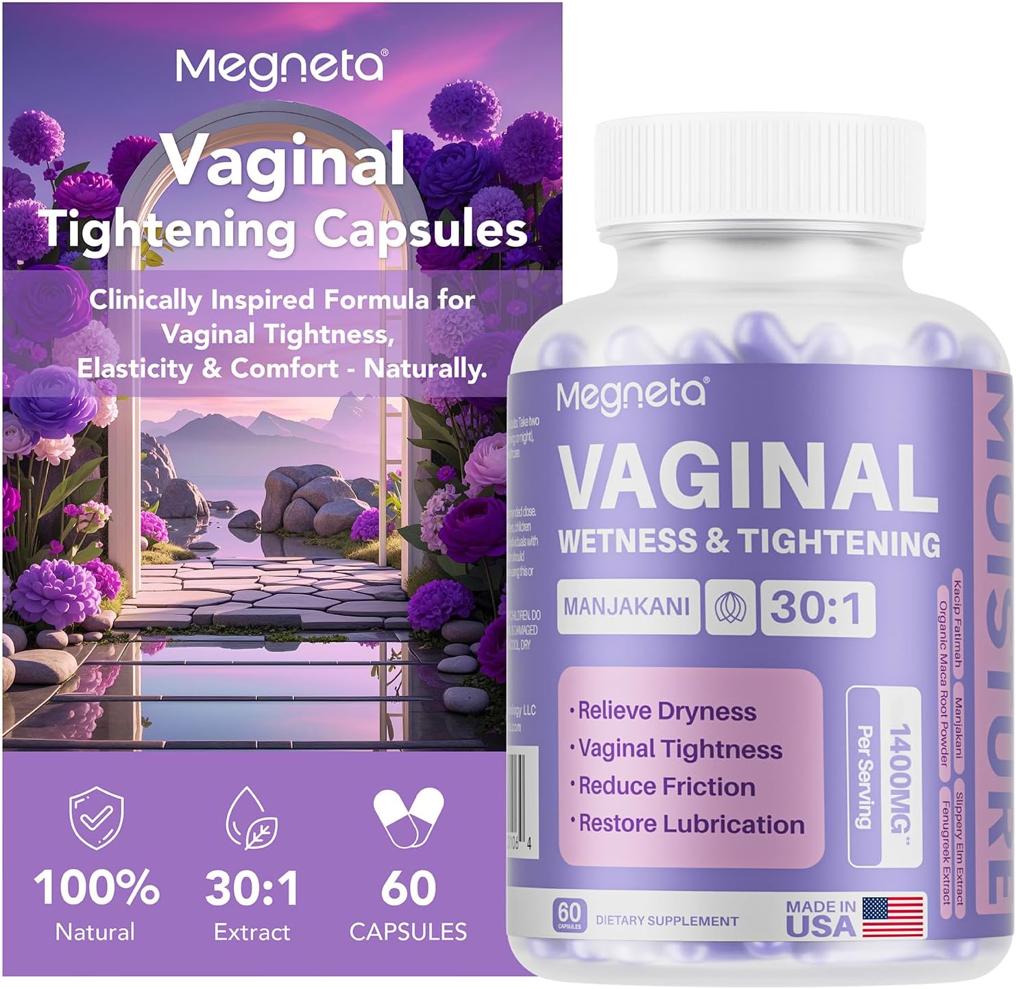 MEGNETA Vaginal Tightening Capsules front view bottle for feminine health.
