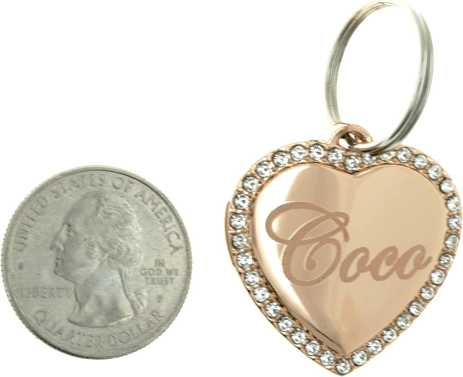 Yippo Accessories medium rose gold plated heart identity tag showing detailed rhinestones