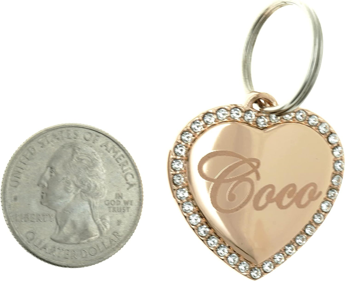 Yippo Accessories medium rose gold plated heart identity tag showing detailed rhinestones