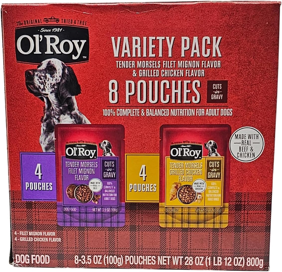 Ol' Roy Filet Mignon flavor wet dog food pouch close up texture in gravy