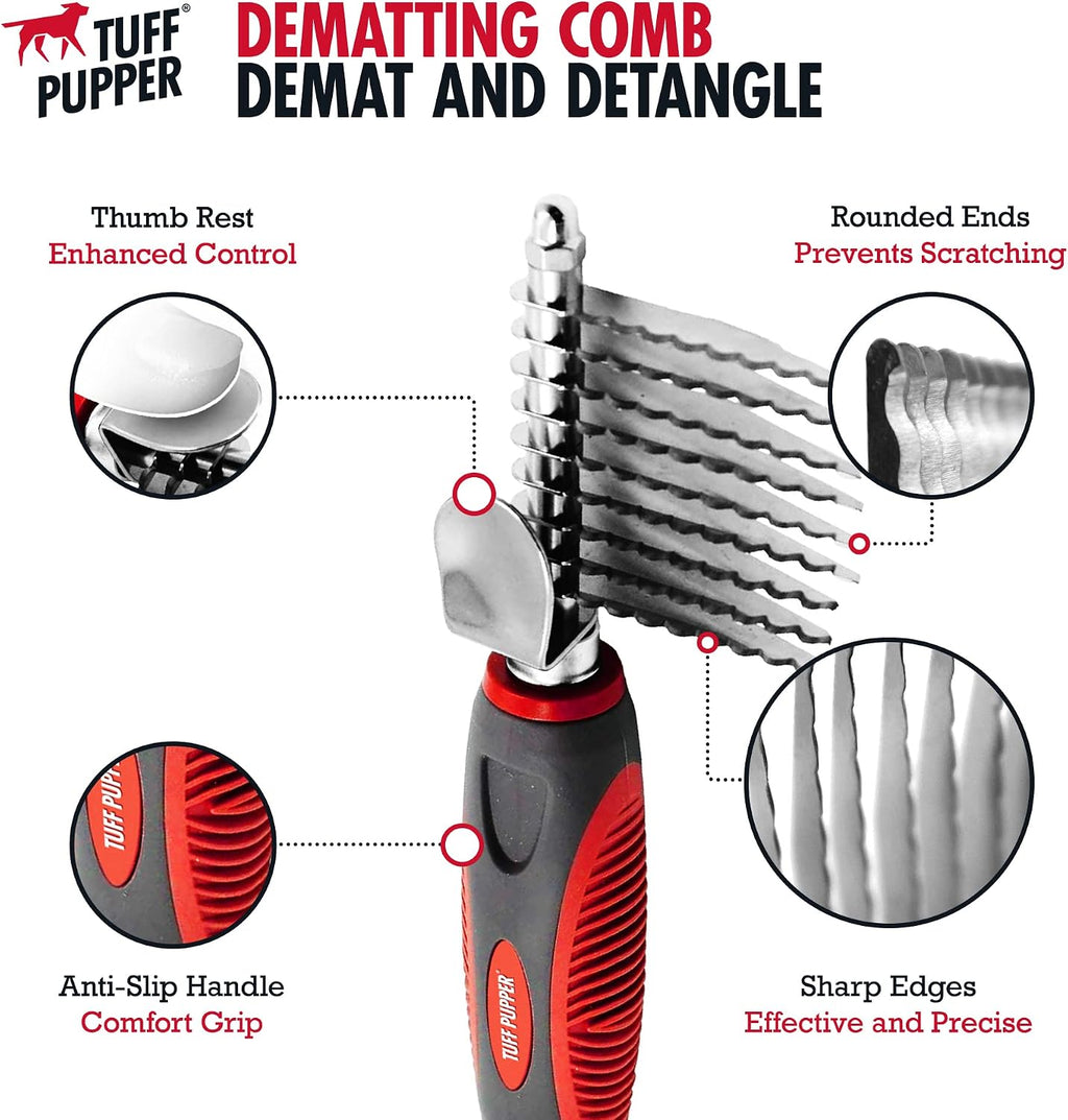 Tuff Pupper pet grooming rake showcasing the ergonomic black and red anti slip handle.