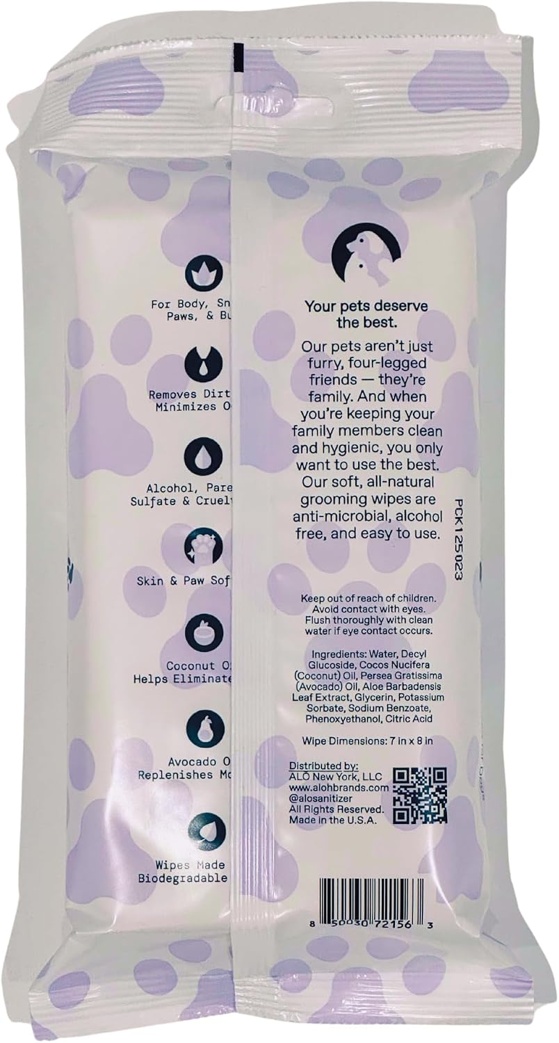 Alo hypoallergenic antimicrobial grooming wipes package details and back label directions