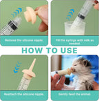 Demonstration view of the soft silicone miracle nipple attached to the ZingFsh syringe for anti choke small animal nursing