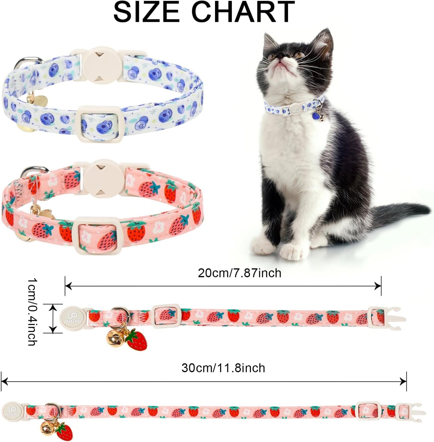 Breakaway cat collar with removable wildlife tracking bell and enamel fruit charm.