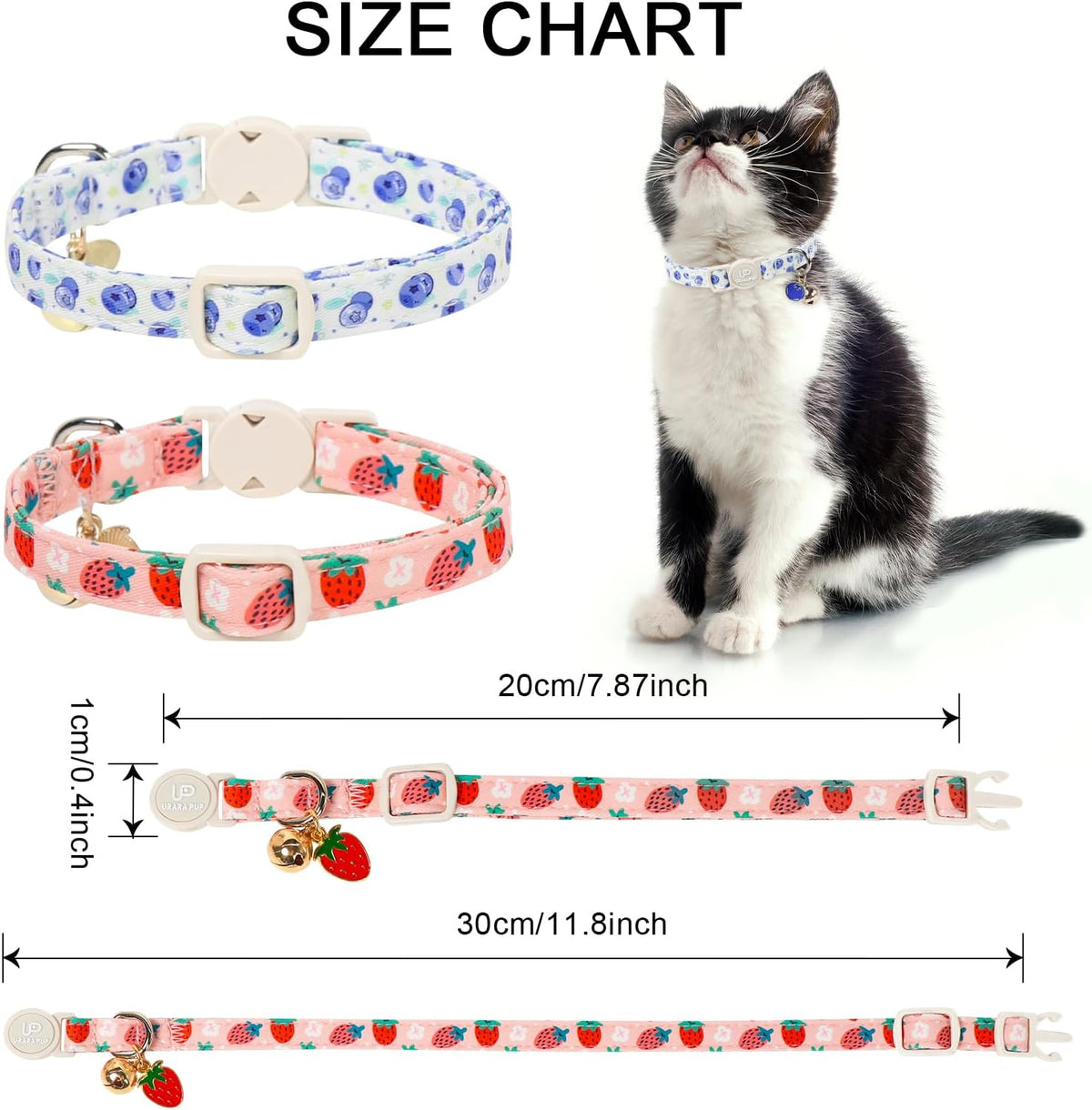 Breakaway cat collar with removable wildlife tracking bell and enamel fruit charm.