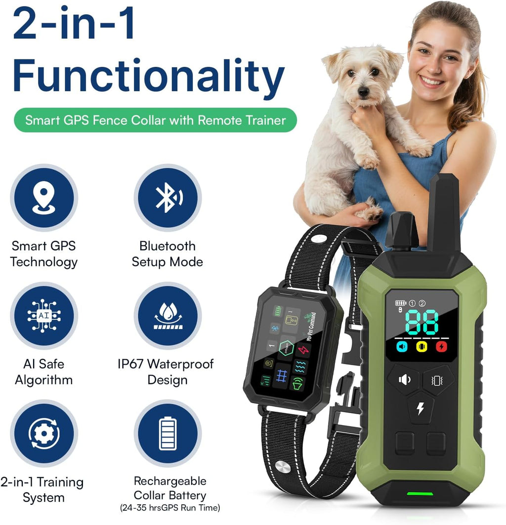 Dog wearing the My Pet Command GPS collar outdoors on a large country property