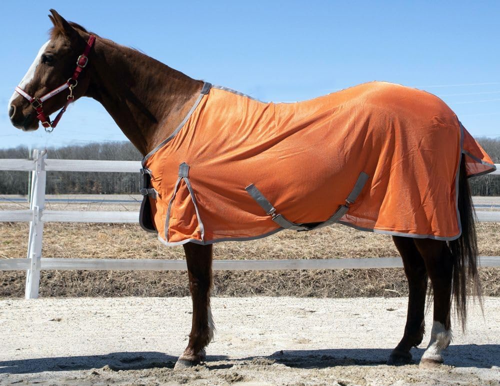 Rugged Ride soft mesh fly sheet horse blanket front view showing double buckle chest closure.