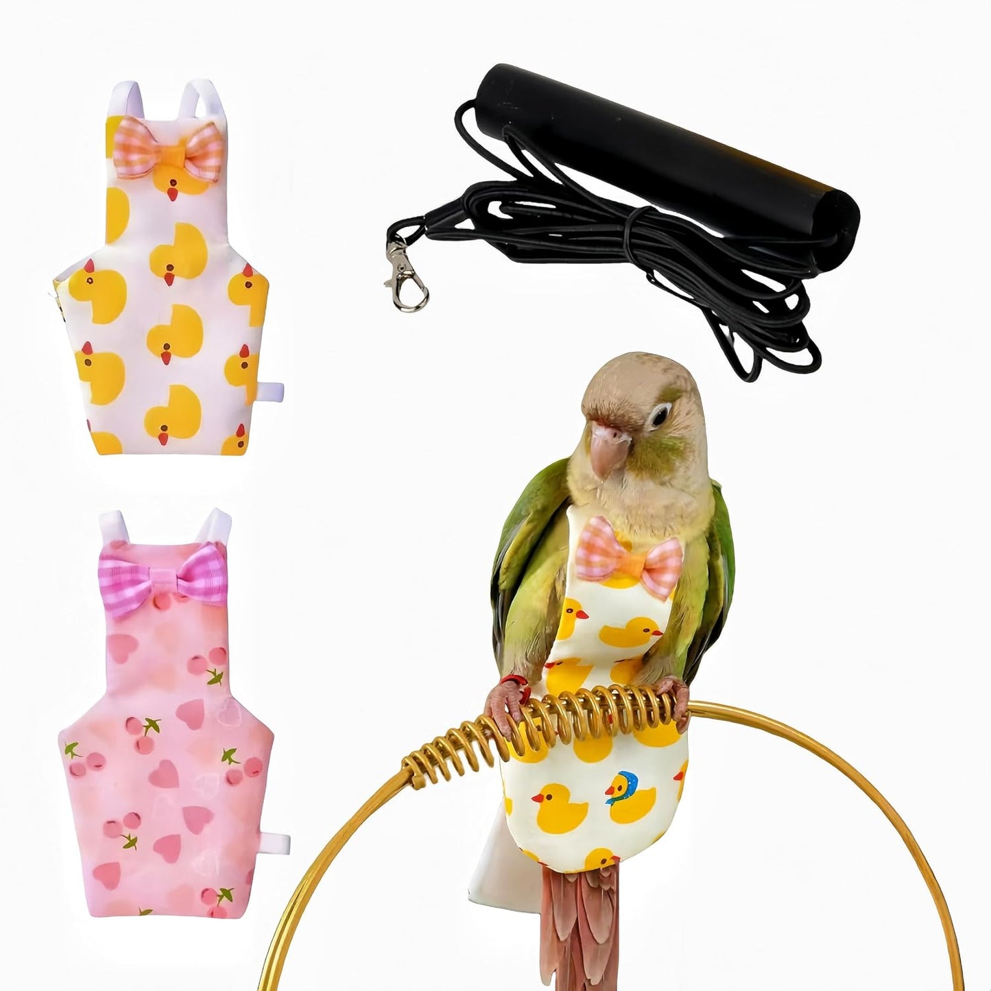 Magnoloran reusable bird diaper harness front view showing duck pattern