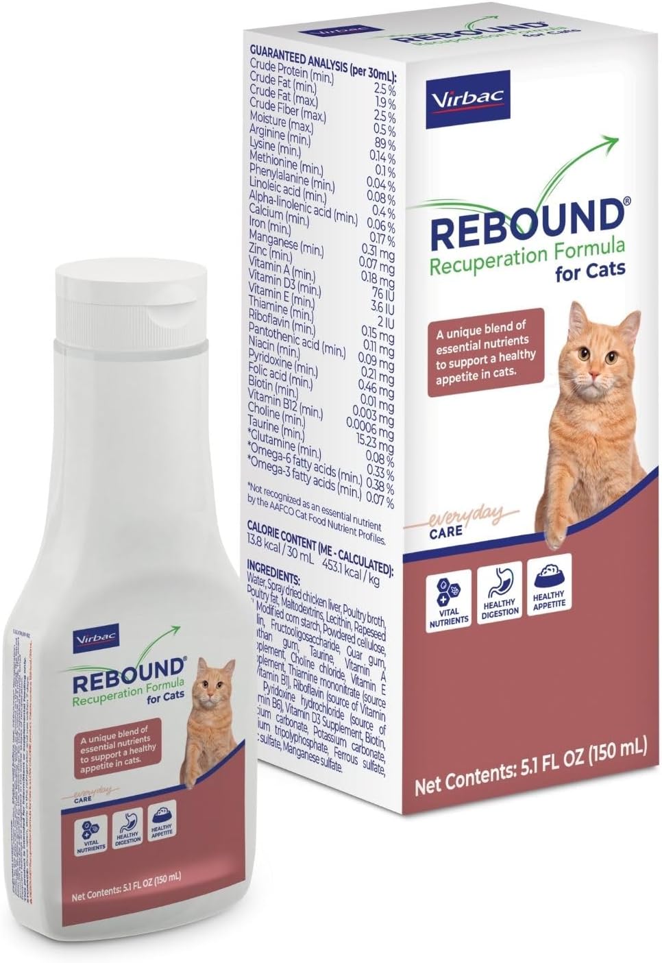 Back label of Virbac Rebound bottle showing ingredients and usage