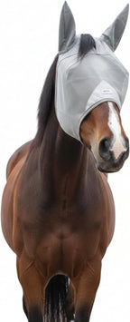 TUFFTEQ Cob Fly Mask with Ears front view on horse face showing gray mesh structure