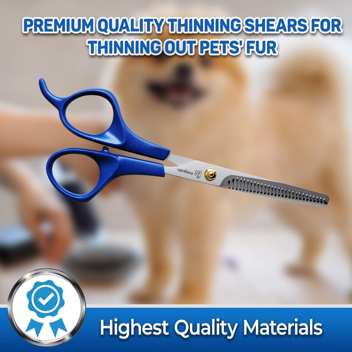 Stainless steel pet grooming tools featuring comfortable blue ergonomic handles