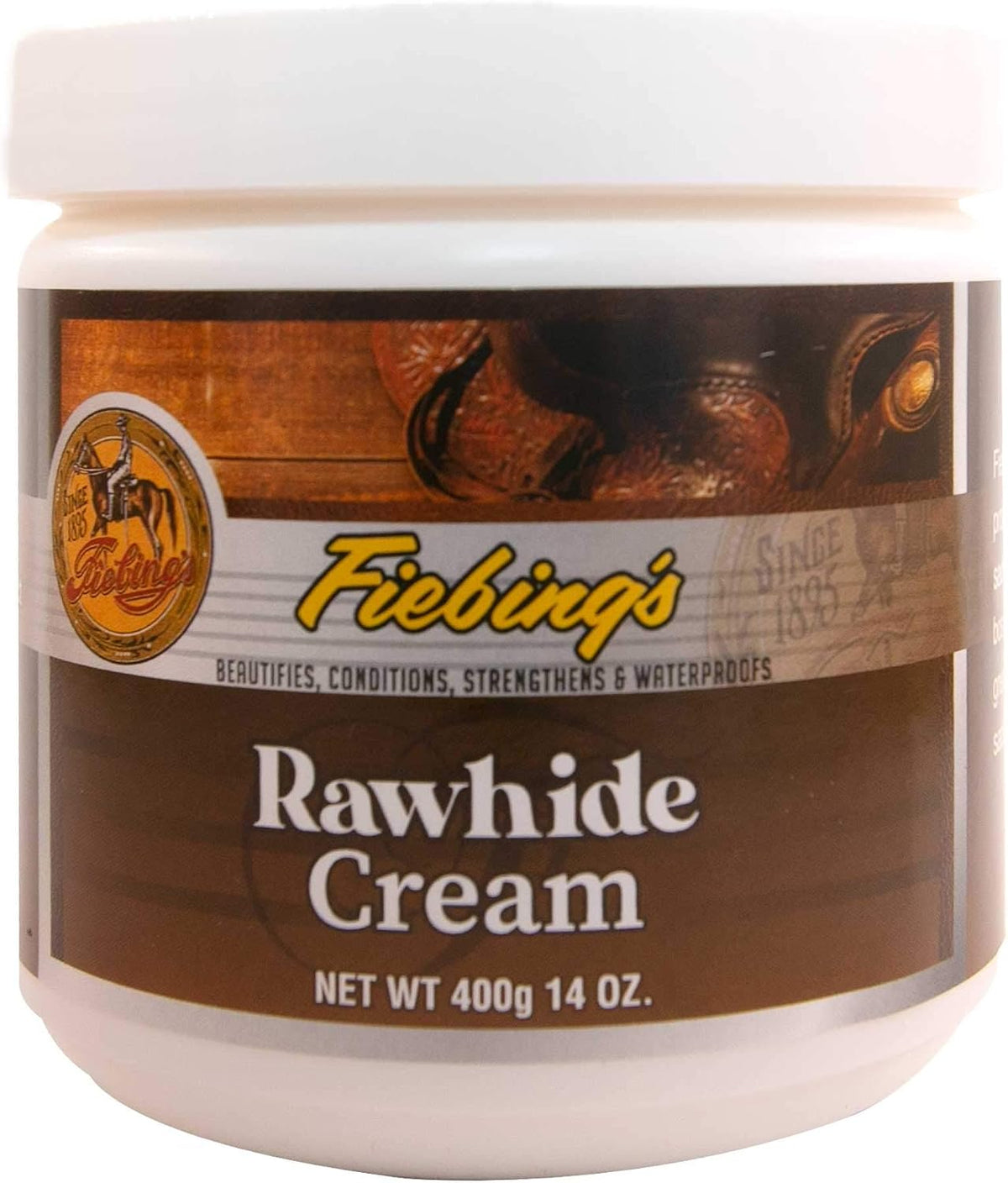 Fiebing's Rawhide Cream fourteen ounce jar front view for leather conditioning