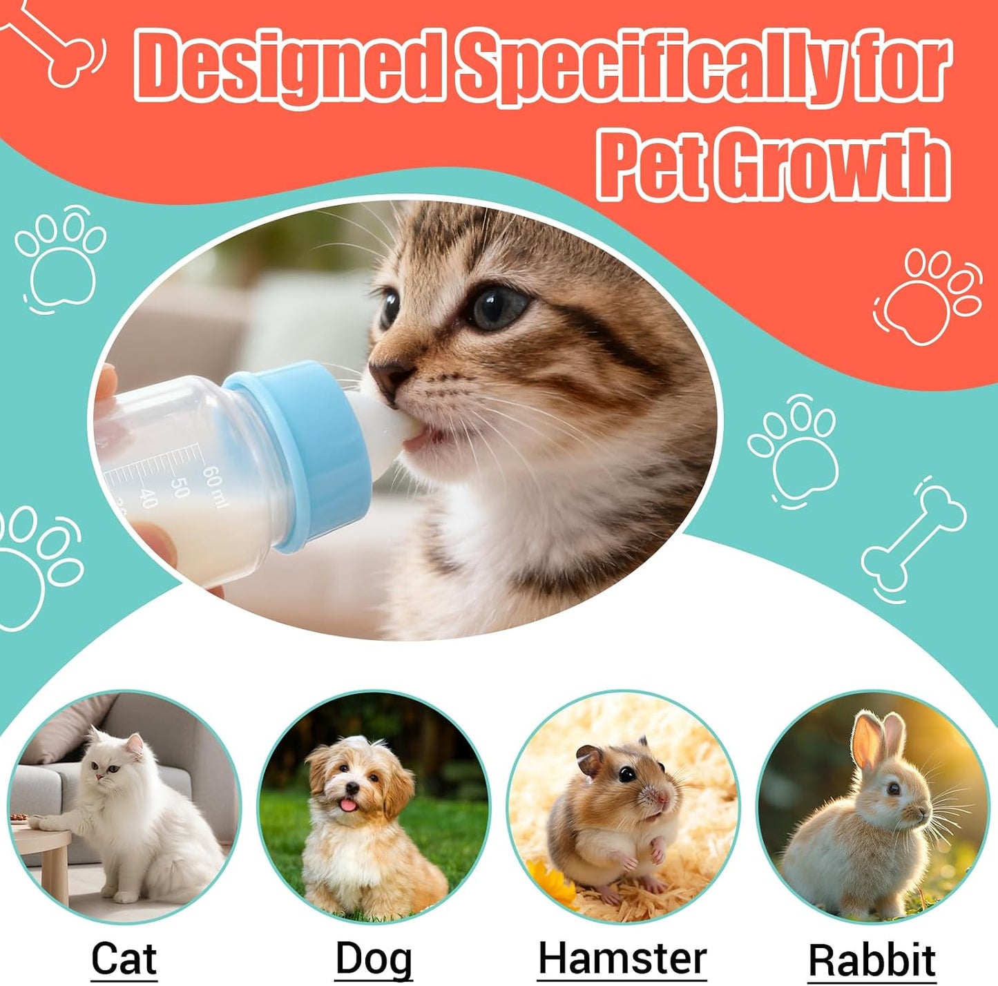 DEMORA Kitten Bottle Feeding Kit, Graduated Nursing Feeding Bottles for Pet Kitten Puppy Hamster Rabbit with Two Kinds of Replaceable Nipples Feeder (Clear, 2 oz) - Image 4