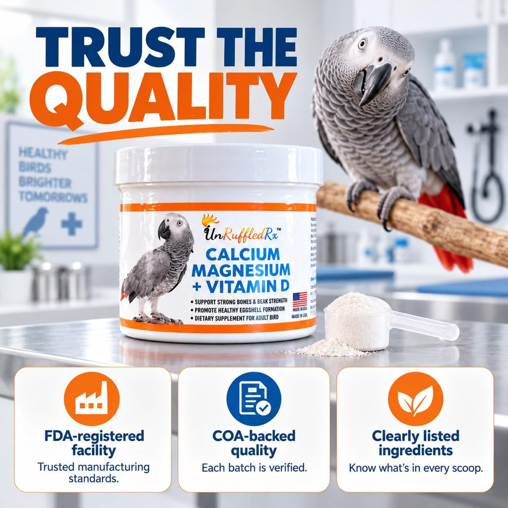 UnRuffledRx(TM) Bird Calcium Plus with Magnesium and D3, Dissolves Clear and Tasteless in Water, Supports Bone, Muscle, Feather and Egg Health, 45 Servings, Made in FDA-Registered USA Facility - Image 6