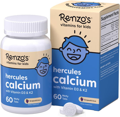 Renzo's Hercules Calcium Melty Tabs front view kids bone health supplement