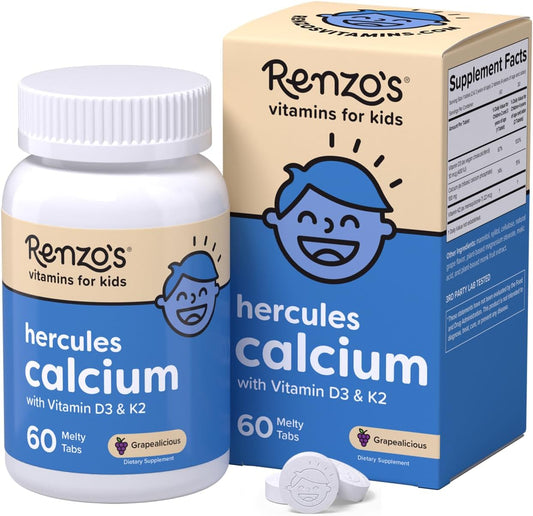 Renzo's Hercules Calcium Melty Tabs front view kids bone health supplement