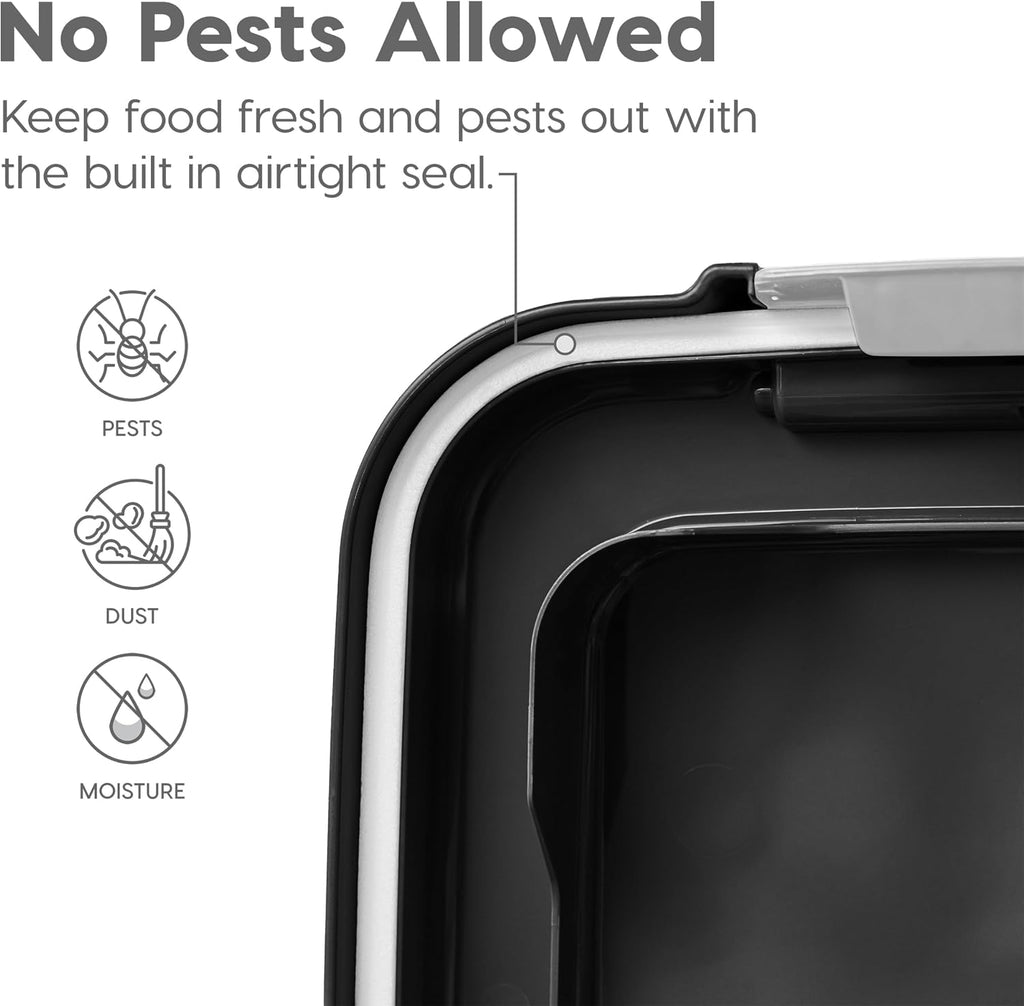 Translucent pet food storage bin showing food level visibility