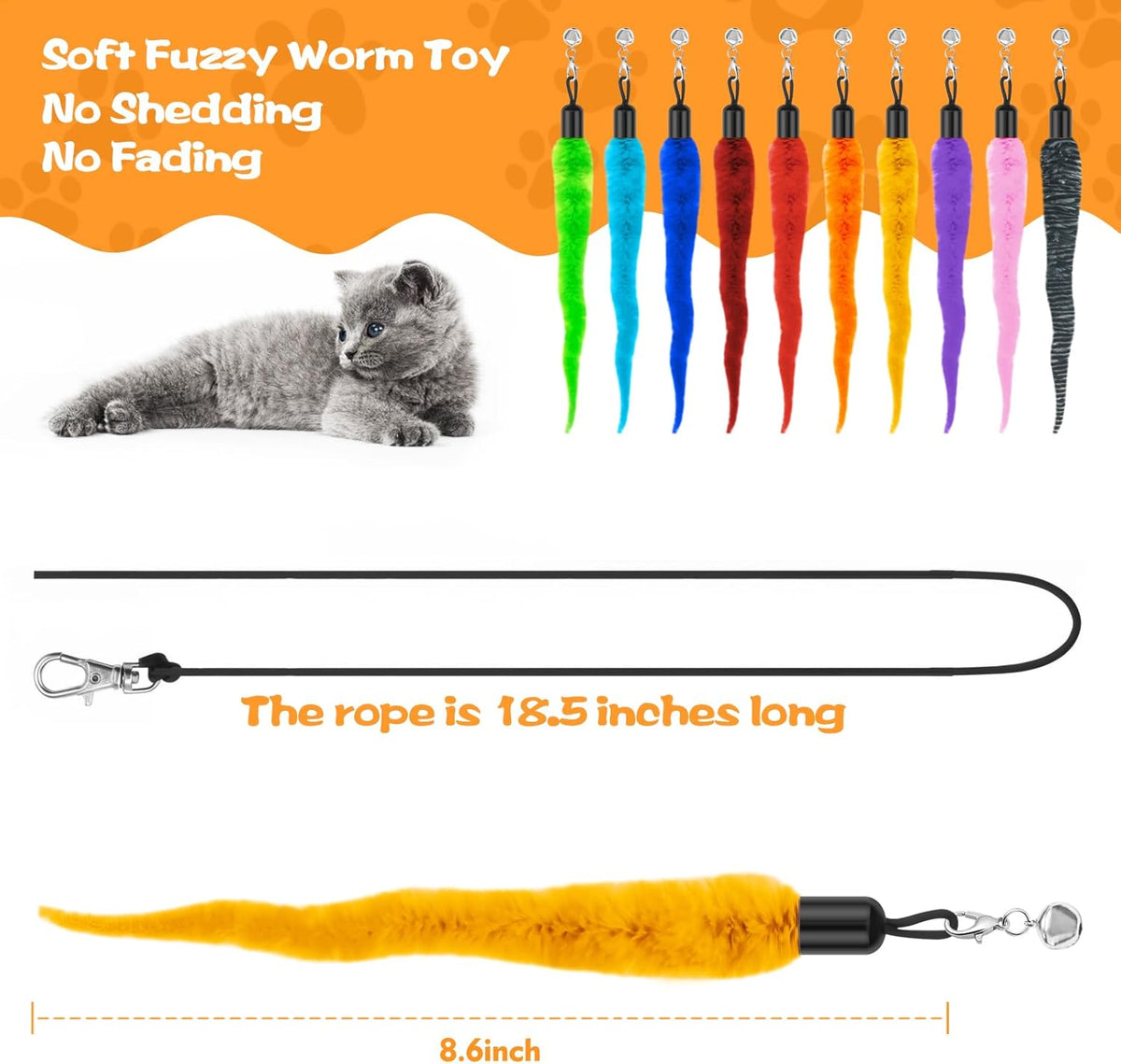 Interactive cat wiggle worm toy attachments spread out with black replacement string