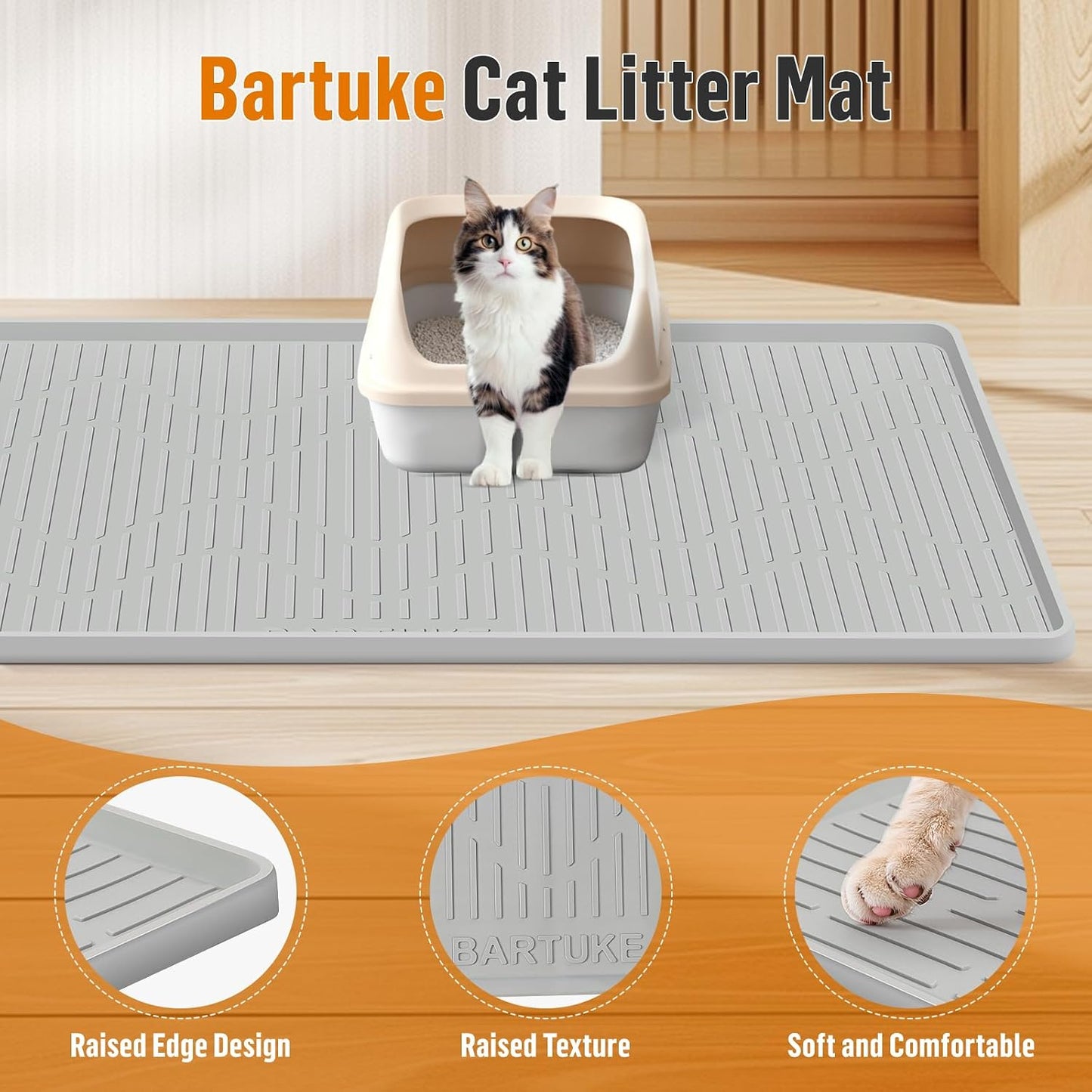 Close up shot of the soft premium silicone texture on the Bartuke kitty litter mat.