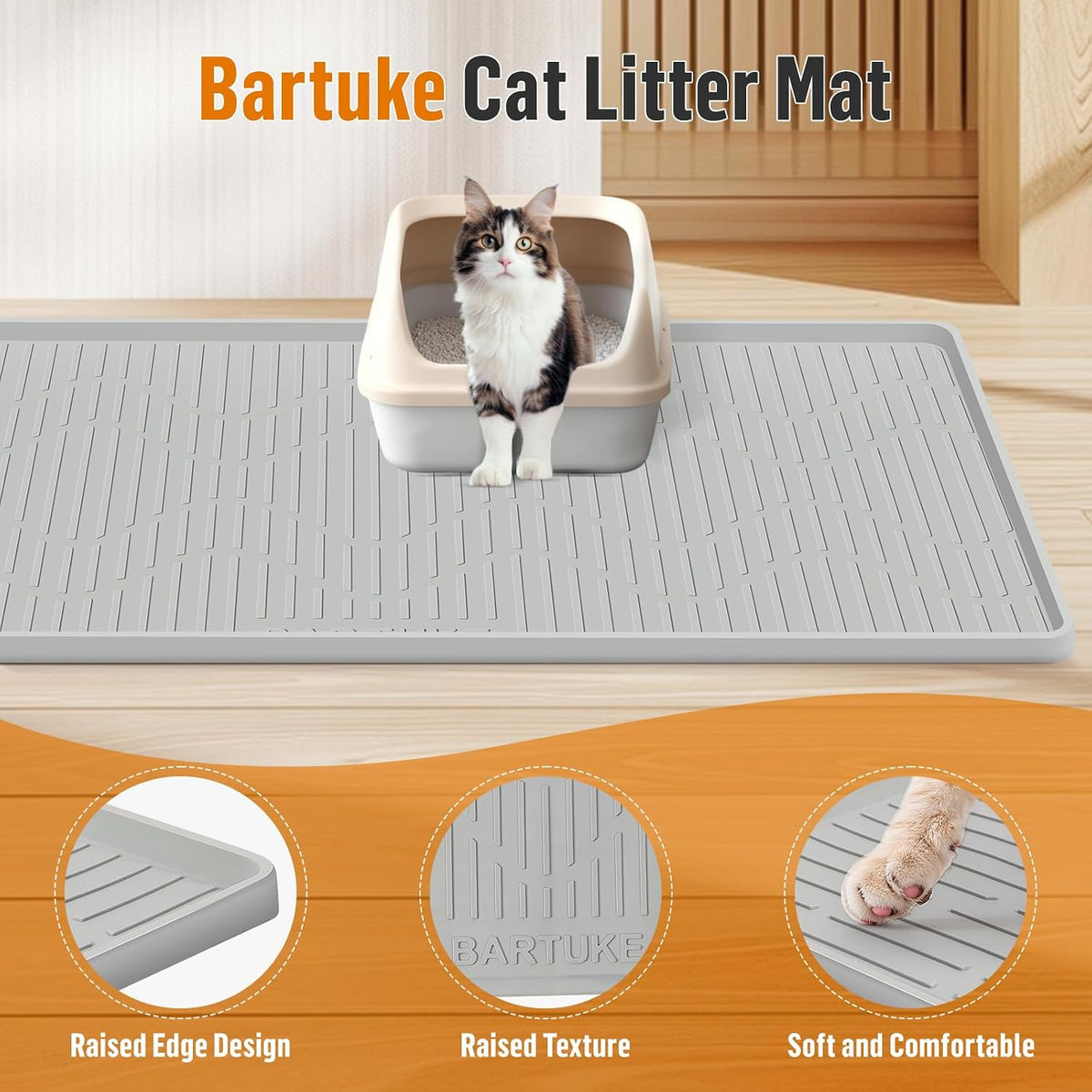 Close up shot of the soft premium silicone texture on the Bartuke kitty litter mat.