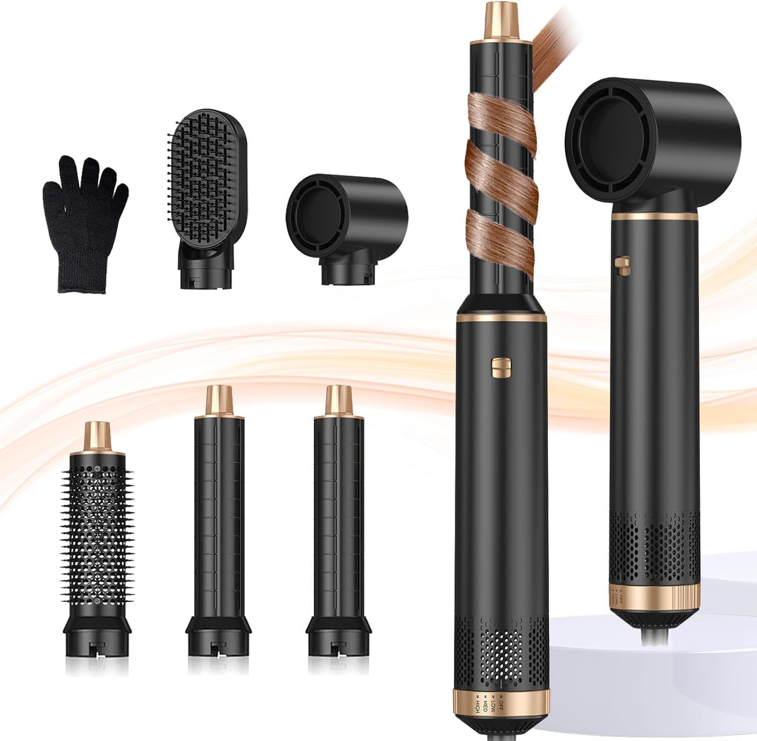 Generica 5 in 1 blow dryer brush front view with all five interchangeable styling attachments displayed.