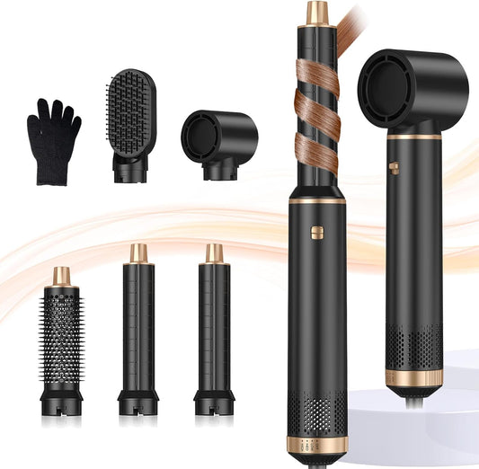 Generica 5 in 1 blow dryer brush front view with all five interchangeable styling attachments displayed.