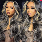 QUANDIAN 28 Inch Balayage Highlight Lace Front Wig front view showcasing dimensional honey blonde waves.